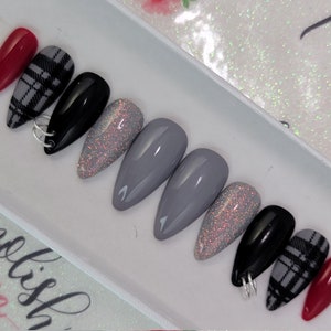 Plaid Goth Pierced Christmas Nails with Glitter Accent Stamped Nails ..Press On Nails,  False, Fake Nails Glue Ons