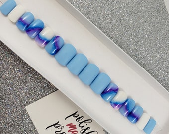 Baby Blue with Blue and Purple Alcohol Inked Waves Luxury Reusable Hand Painted False Nails Fake Press Ons