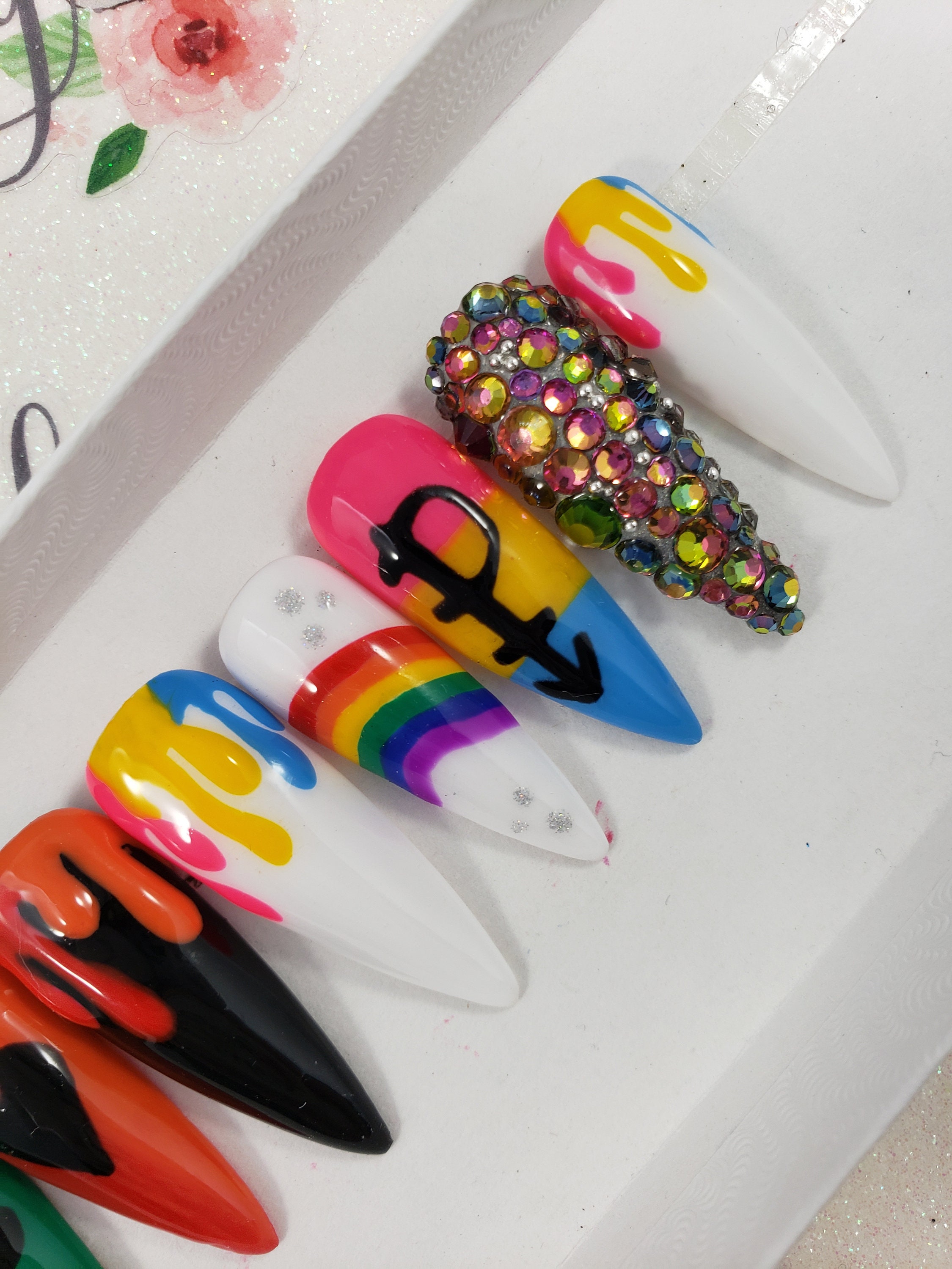 PRIDE Rainbow Nails Pansexual Symbol Drip Nails Rhinestone | Etsy