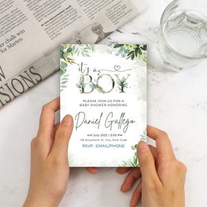 Babyaankondiging, babyshower, babyuitnodiging, babyjongen, botanisch uitnodigen, bewerkbaar, digitale download, babyuitnodiging, babyshower met bloemen