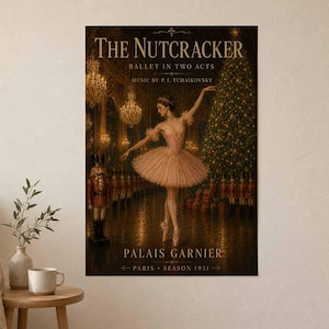 May include: A vertical poster titled The Nutcracker Ballet in Two Acts, featuring a ballerina in a pink tutu dancing in a grand hall with chandeliers, a large Christmas tree, and a nutcracker figure, labeled Palais Garnier Paris Season 1931.