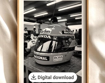 Ayrton Senna Poster — Formel 1 Poster, Formel 1 Wandkunst, Vintage F1 80er Jahre Fotografie, Schwarz & Weiß