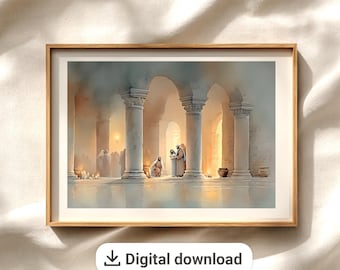 Kerststal aquarel, christelijke kunstafdruk, religieuze muurdecoratie