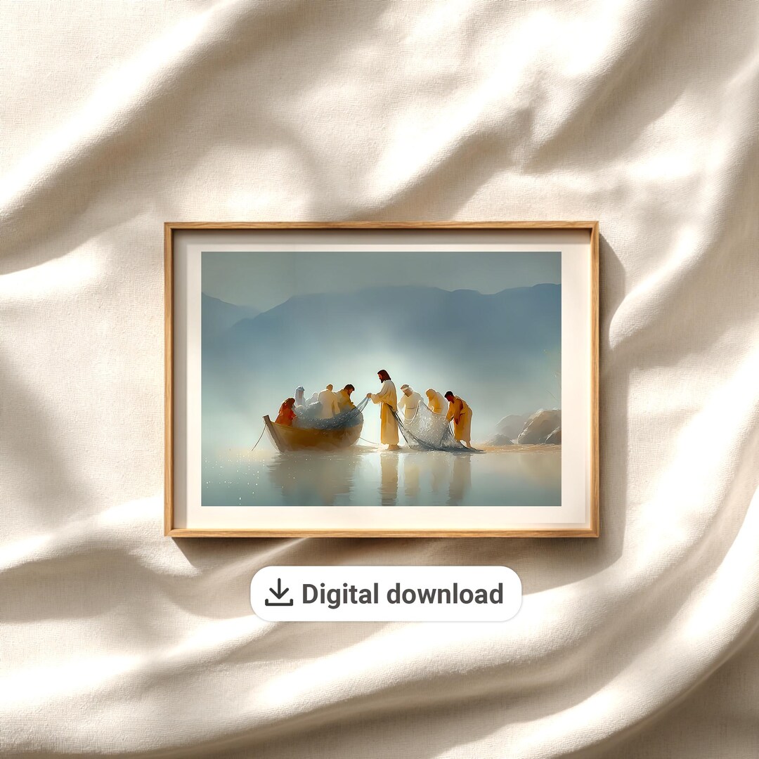 Disciples Catching Fish Jesus and Disciples Wall Art – Miraculous Catch of Fish | Biblical Art ...
