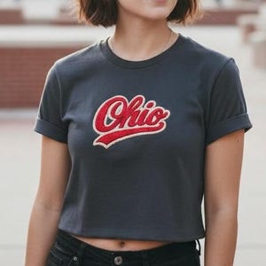 Vintage Ohio Rope Script T-shirt | Retro grafisch T-shirt uit het Midwesten | Crème Ohio-shirt | Geborduurde imitatiebont | Inkt en draad