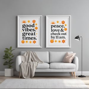 Dobre wibracje, świetne czasy + pokój, miłość i wymeldowanie przez 11 – 70s zestaw wydrukowanych grafik ściennych | Pobieranie cyfrowe | Retro Airbnb Decor