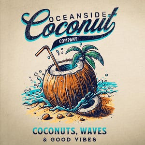 Könnte beinhalten: Eine handgezeichnete Illustration einer Kokosnuss mit einem Strohhalm, der aus ihr herausragt. Die Kokosnuss ist von blauen Wellen und einer Palme umgeben. Der Text "Oceanside Coconut Company" befindet sich oben im Bild, und der Text "Coconuts, Waves & Good Vibes" befindet sich unten.