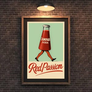 Retro 1960s Campari Soda Poster – Surreal Walking Bottle Art Print (Digital Download)