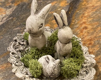 Set of 3 Bunny Garden Statue | Handmade Concrete Bunny Rabbit Family | Easter Spring Decor | Gift for Gardener