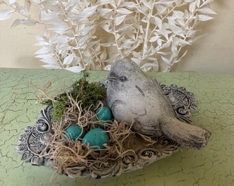 Concrete Bird Garden Statue Eggs With Victorian Plate Tray | Cement | Nest | Handmade