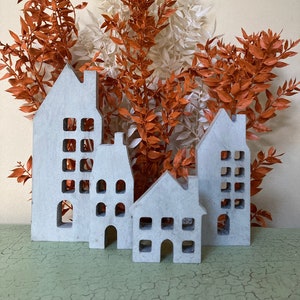 Concrete Cement Houses | Set of 4 | Fall Winter Christmas Mantel Decor