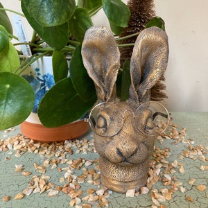 Bunny Rabbit Garden Statue English Hare | French Hare Spectacles | Gardener's Gift | Gold Rabbit Eyeglasses | Mantel Decor | Handmade