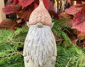 Handmade Concrete Cement Tall Pixie Gnome with Acorn Hat Fairy Whimsical Garden Statue