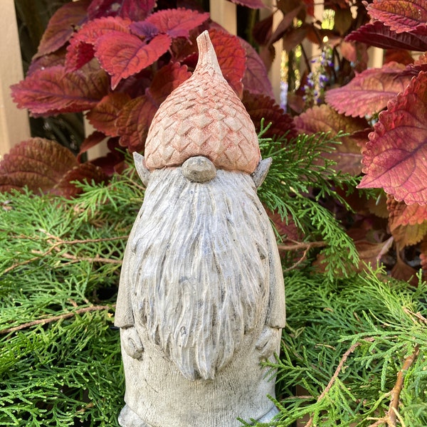 Handmade Concrete Cement Tall Pixie Gnome with Acorn Hat Fairy Whimsical Garden Statue