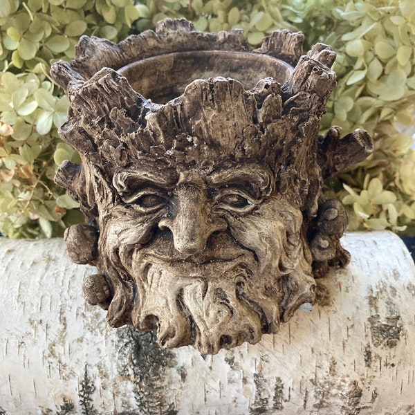 Concrete Planter Pot Log Woodland Face Head | Handmade | Rustic Decor