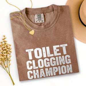 May include: A brown Comfort Colors t-shirt with the text "TOILET CLOGGING CHAMPION" in white. A gold heart pendant necklace and a beige hat are also in the image. A small bouquet of dried flowers is on the left.
