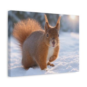 Winter Squirrel in Snow - Nature Canvas Print, Cute Animal Wall Art, Forest Wildlife Decor