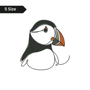 May include: A minimalist line drawing of a puffin's head, with a black head and beak, and orange, grey, and white accents. The image includes the text "5 Size" in a black box.