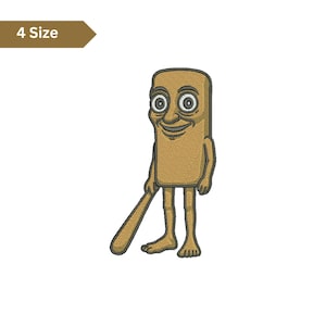 May include: Embroidered cartoon character with a rectangular body, holding a bat. The character has a smiling face with large eyes and is colored in shades of tan and brown. The text "4 Size" is in a brown banner.