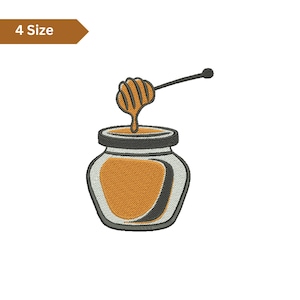 May include: An embroidered design of a honey jar with a honey dipper. The jar is filled with golden honey, and the dipper is dripping honey into the jar. The jar has a black lid and a grey outline. The text "4 Size" is in a brown banner.