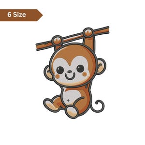 Puede incluir: Diseño de bordado de mono de dibujos animados en tonos marrón, beige y crema, colgado de una rama marrón. El mono tiene una cara sonriente y está delineado en gris oscuro. El texto "6 Size" está en una pancarta marrón.