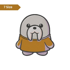 May include: Embroidered cartoon walrus wearing a mustard-coloured shirt. The walrus has a grey head, black eyes, and large tusks. The image includes a brown banner that says "7 Size".