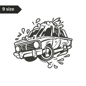 Puede incluir: Una ilustración en blanco y negro de un coche que se lava con agua jabonosa. El coche está de frente al espectador y tiene una gran cantidad de agua jabonosa en la parte superior. El coche está rodeado de gotas de agua.