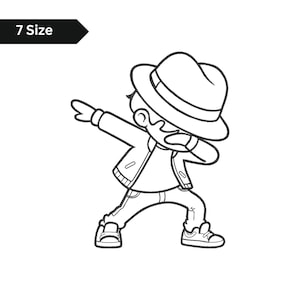 Può includere: Illustrazione in bianco e nero di un personaggio dei cartoni animati che fa il dab. La figura indossa un fedora, una giacca, jeans e scarpe da ginnastica. Il testo "7 Size" è in un riquadro nero in alto a sinistra.