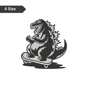 Puede incluir: Ilustración en blanco y negro de un dinosaurio sonriente montando en monopatín. El dinosaurio tiene una espalda puntiaguda y está posicionado sobre un monopatín con cuatro ruedas. El texto "4 Size" está en un cuadro negro en la esquina superior izquierda.