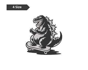 Skater Godzilla Machine Embroidery Design: Cartoon Art (Digital Download)