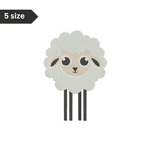 May include: A white sheep with black eyes and a black nose. The sheep has four black legs and is standing on a white background.