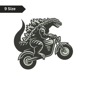 May include: Black and white embroidered patch featuring Godzilla riding a motorcycle. The design includes the text "9 Size" in a black banner. The image is a stylized illustration suitable for apparel or accessories.