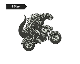 Puede incluir: Parche bordado en blanco y negro con Godzilla montando en moto. El diseño incluye el texto "9 Size" en una pancarta negra. Una ilustración estilizada adecuada para ropa o accesorios.