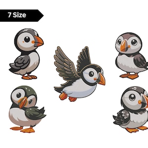 May include: A collection of five cartoon puffin illustrations featuring black, white, and orange coloring. Four puffins are standing in various poses, while one is depicted in flight with wings spread. The text 7 Size is visible.
