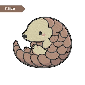 May include: A cartoon illustration of a pangolin curled into a ball. The pangolin has a beige head and belly, with a brown scaled body. The image includes the text "7 Size" in a brown banner.