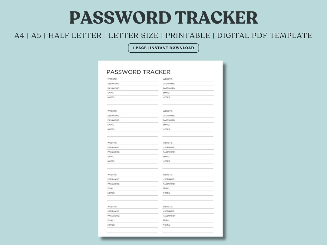 Password Tracker Printable Login Organizer, Website Credential Log ...