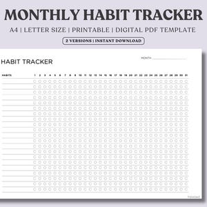 Monthly Habit Tracker Landscape Printable, Habit Tracker Template, 30-Day Challenge, Routine & Goal Tracker, A4 Letter, Instant Download