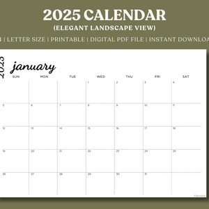2025 Monthly Planner Elegant Font, Digital Monthly Calendar Landscape, A4 & Letter Size, Sunday Monday Start, Wall Calendar Printable PDF