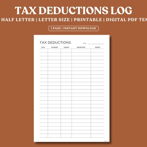 Rastreador de deducciones fiscales imprimible, registro de gastos, planificador financiero, organizador de impuestos empresariales, tamaño carta, media carta, A4, A5, descarga instantánea, PDF digital