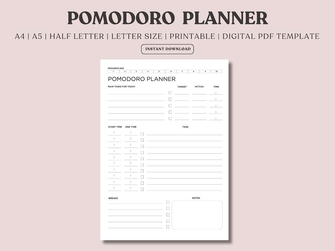 Pomodoro Planner Printable, Time Management Tracker, Daily Productivity ...