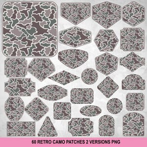 Puede incluir: Un conjunto de 60 parches retro de camuflaje en varias formas, incluyendo cuadrados, rectángulos, círculos y diamantes. Los parches presentan un patrón de camuflaje en tonos marrones, verdes y grises. El texto en la parte inferior dice "60 RETRO CAMO PATCHES 2 VERSIONS PNG".