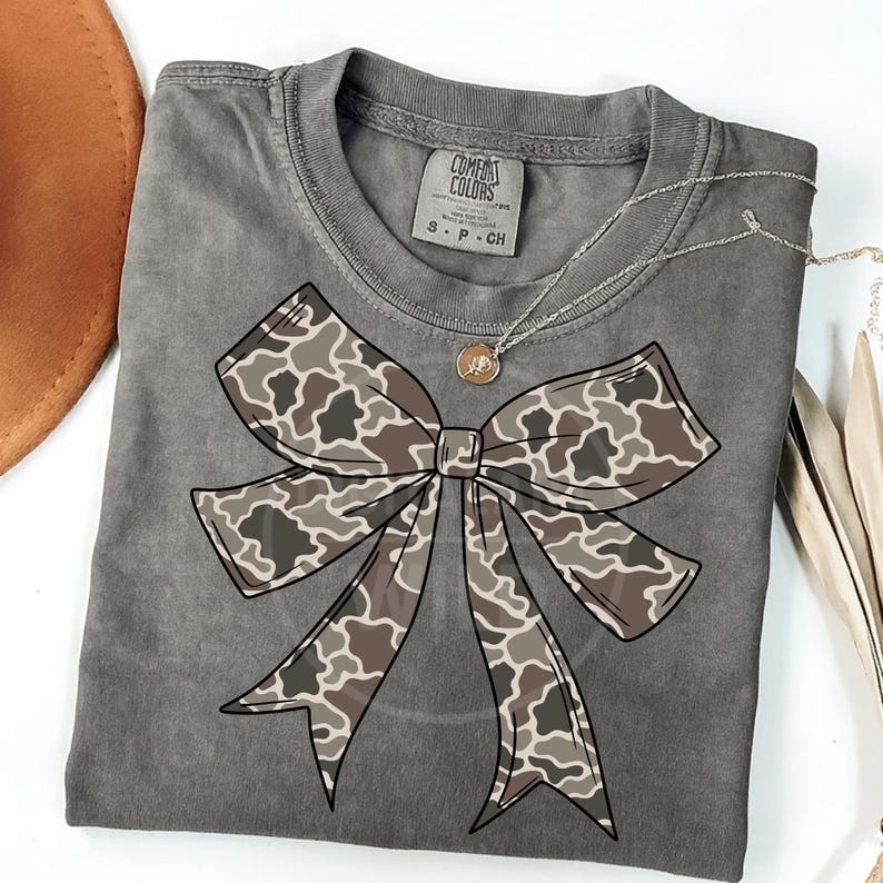 Camo Bow PNG Bundle, 4 Vintage Camouflage Coquette Bows, Neutral Ribbon Clipart, Sublimation Shirt Designs, Digital Download image 13