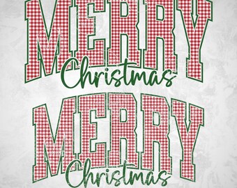 Merry Christmas Varsity PNG, Red Gingham Merry Christmas Design, Checkered Letters, Vintage Christmas, Sublimation Design Holiday Festive