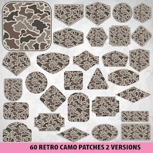 Puede incluir: Una colección de 60 parches retro de camuflaje en varias formas, incluyendo cuadrados, círculos y hexágonos. Los parches presentan un patrón de camuflaje marrón, gris y beige. El texto en la parte inferior dice "60 RETRO CAMO PATCHES 2 VERSIONS."