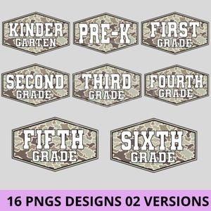 May include: A collection of eight hexagonal digital graphics featuring a camouflage pattern in shades of green, brown, and tan. Each graphic contains white block text identifying school levels from Kindergarten through Sixth Grade.