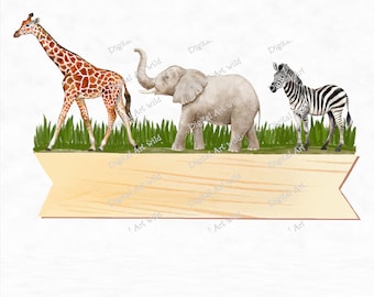 Animali dello zoo PNG: design per compleanno safari, targhetta con nome per bambini (download digitale)