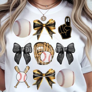 Baseball Coquette Bow PNG, Black & Gold Glitter Ribbon, Baseball Mom Sublimation design, Instant Download