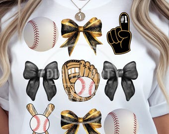 Fiocco da baseball Coquette PNG, nastro glitterato nero e oro, design per sublimazione Baseball Mom, download istantaneo