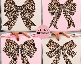 Leopard Bow PNG Bundle, 4 Coquette Leopard Print Bows, Animal Print Ribbon Bow PNG, Trendy Girly Sublimation Design, Digital Download