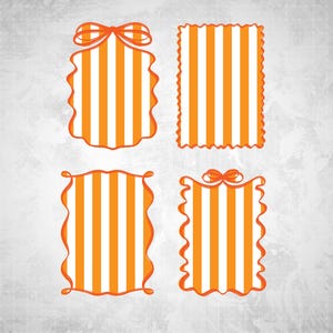 May include: Four orange and white striped decorative frames with various scalloped and bow accents. The frames are set against a textured, light gray background.